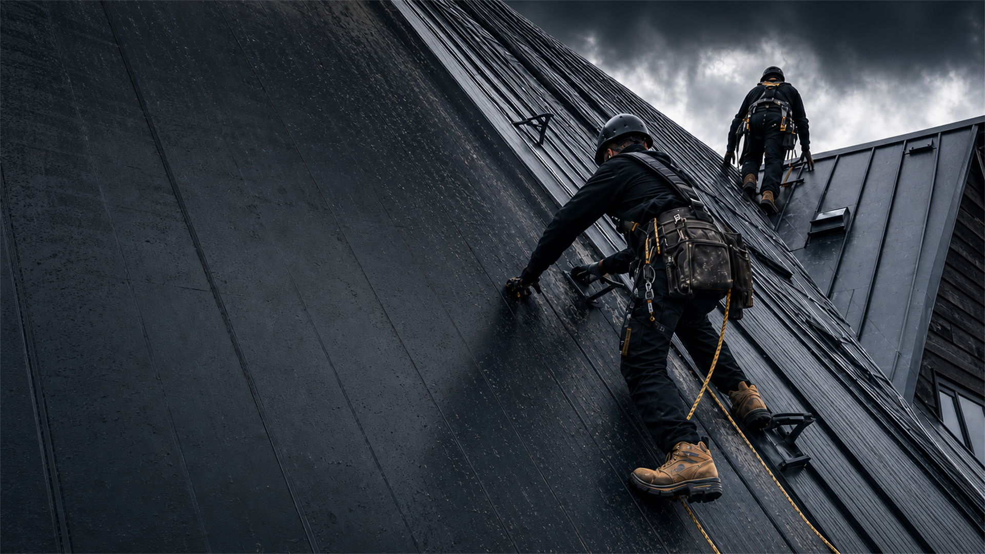 Two roofers in harnesses climbing a steep dark metal roof against a stormy sky